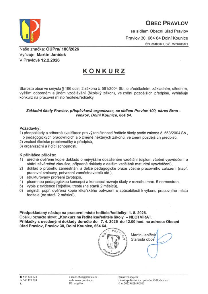 Konkurz na&nbsp;pracovní místo ředitele/ředitelky ZŠ Pravlov